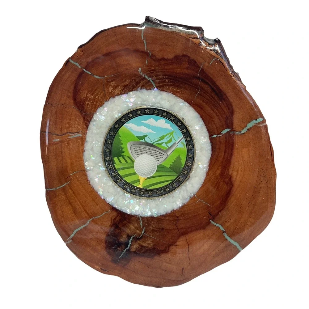 Handmade Wood Slice Golf Coaster Turquoise Inlay Resin Gloss Cork Back 4.75